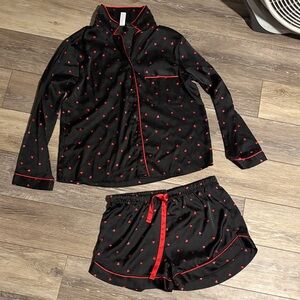 Black Satin Pajama Set with Red Heart Print EUC